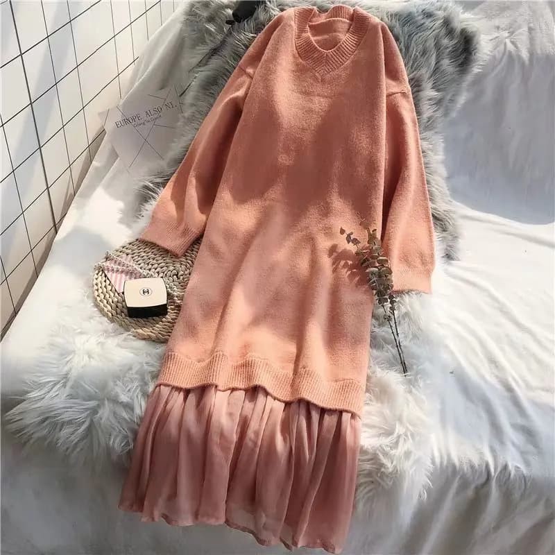 Elegant V-neck Loose Sweater Dress with Ruffles_4_Pink