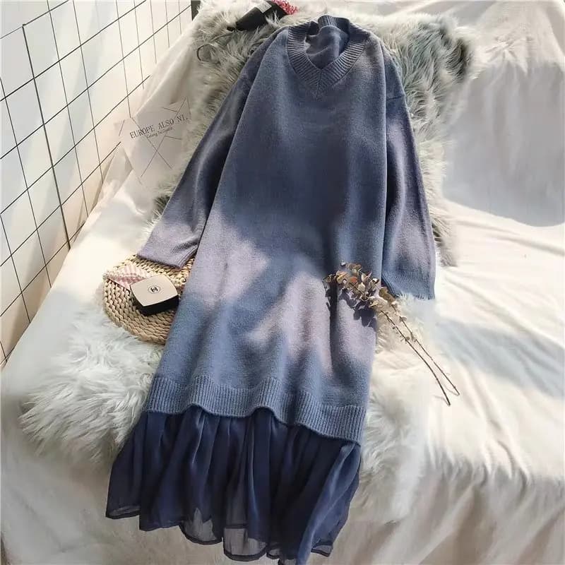 Elegant V-neck Loose Sweater Dress with Ruffles_6_Blue