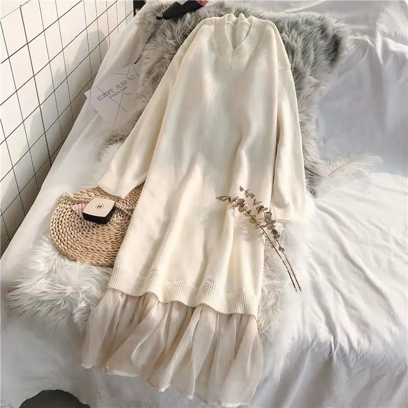 Elegant V-neck Loose Sweater Dress with Ruffles_11_Beige