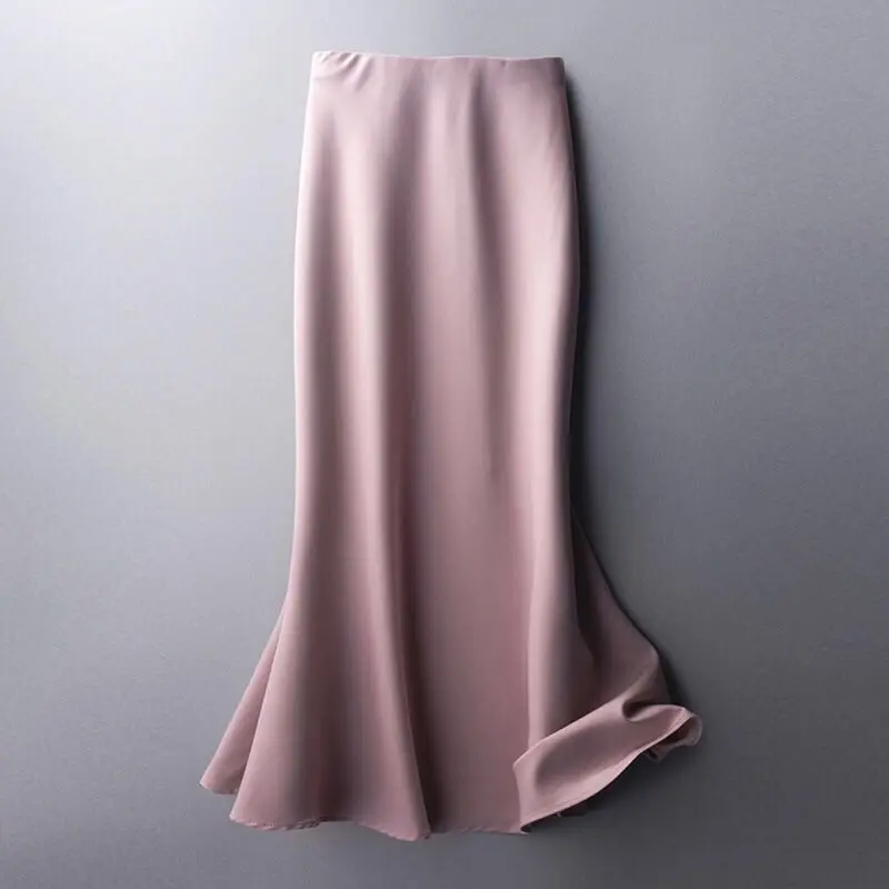 High Waist Solid Satin Skirt_2_Pink