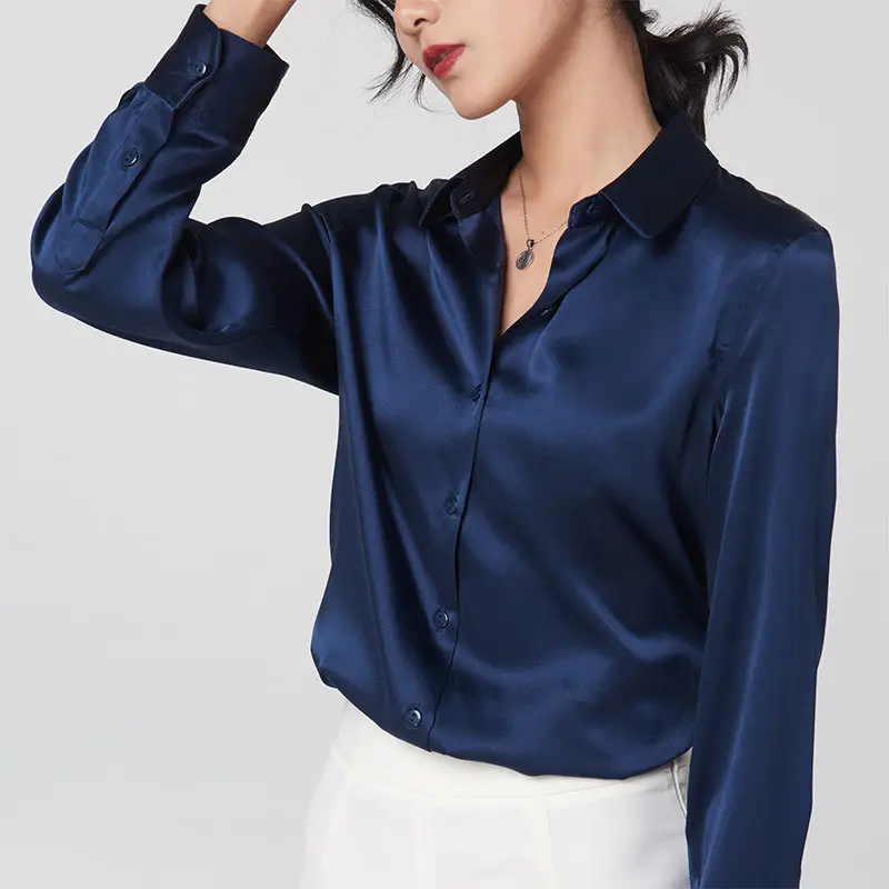 Sleek Long Sleeve Satin Blouse_20_Navy Blue