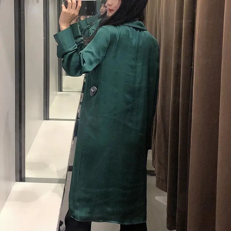 Emerald Green Satin Midi Long Sleeve Shirt Dress_2