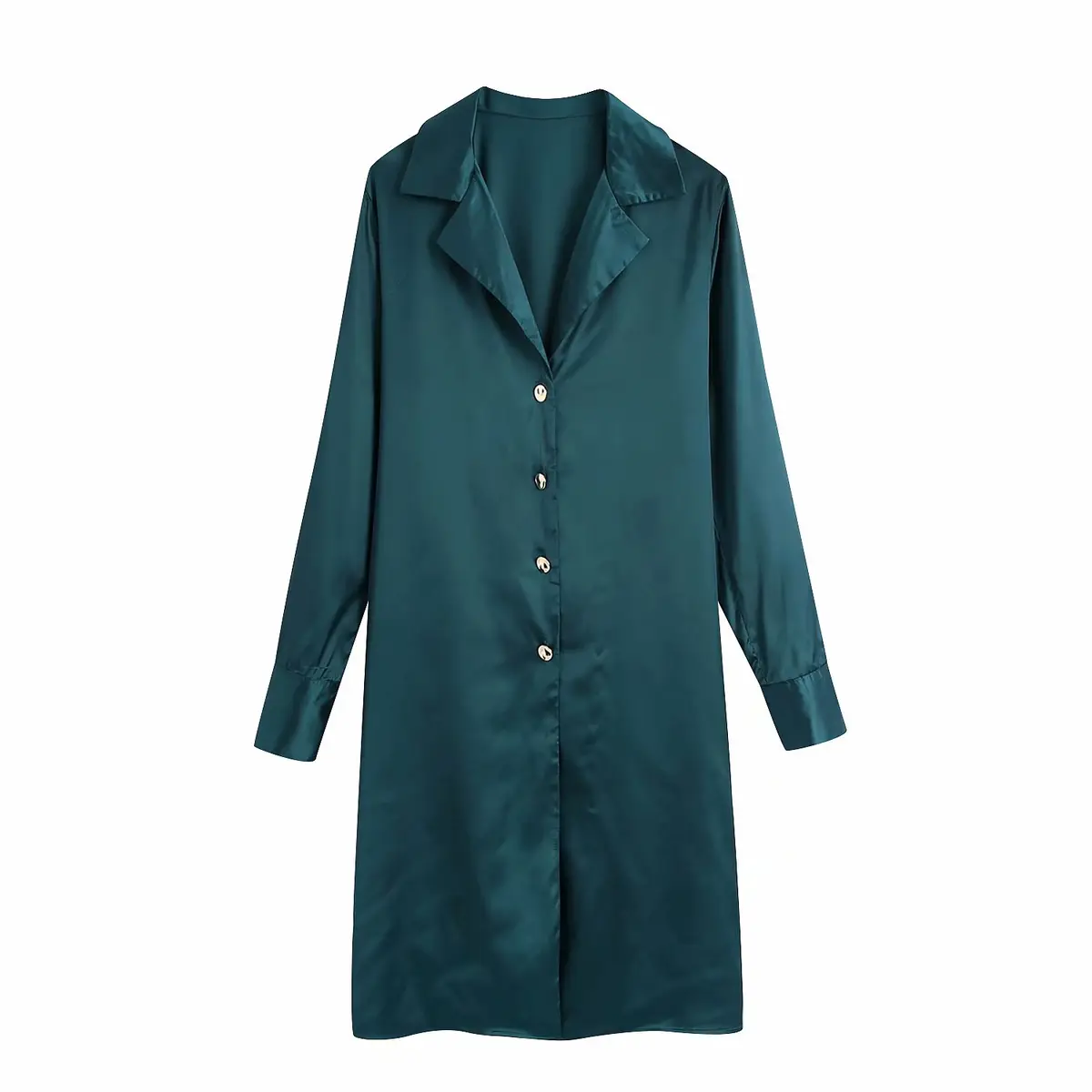 Emerald Green Satin Midi Long Sleeve Shirt Dress_6