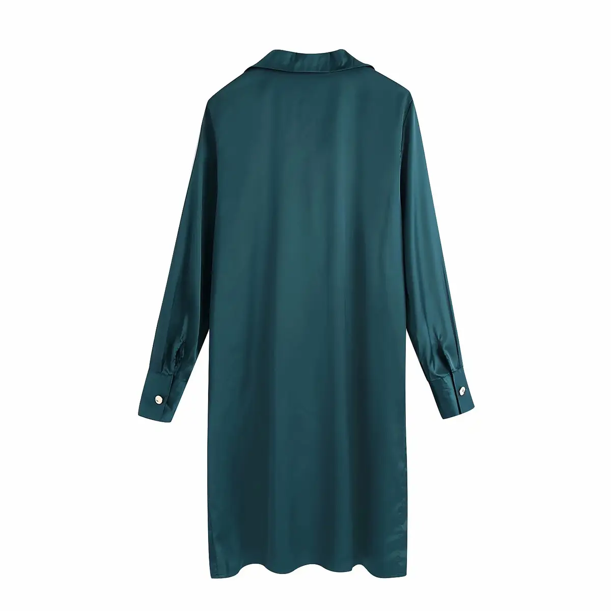 Emerald Green Satin Midi Long Sleeve Shirt Dress_8