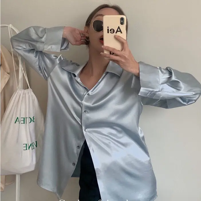 Loose Fit Korean Design Long Sleeve Satin Blouse_1_light Blue