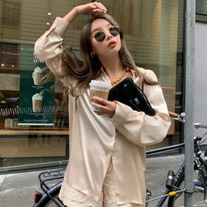Loose Fit Korean Design Long Sleeve Satin Blouse_4_Beige
