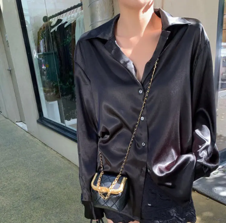 Loose Fit Korean Design Long Sleeve Satin Blouse_5_Black