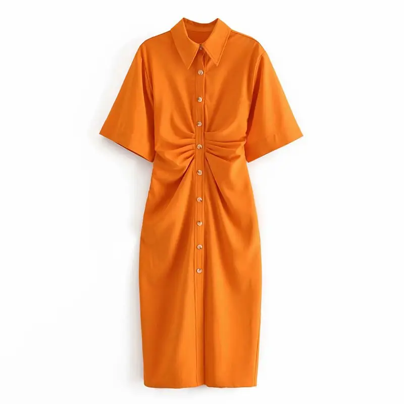 Orange Pleated Short Sleeve Midi Dress_1_Featured