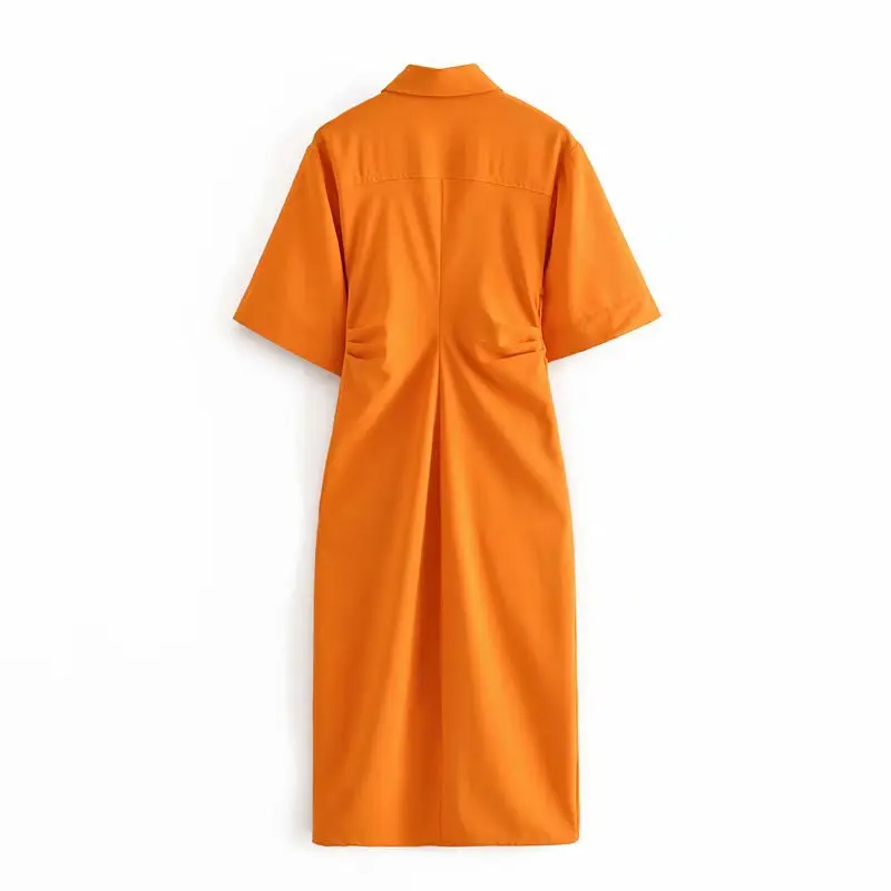 Orange Pleated Short Sleeve Midi Dress_2