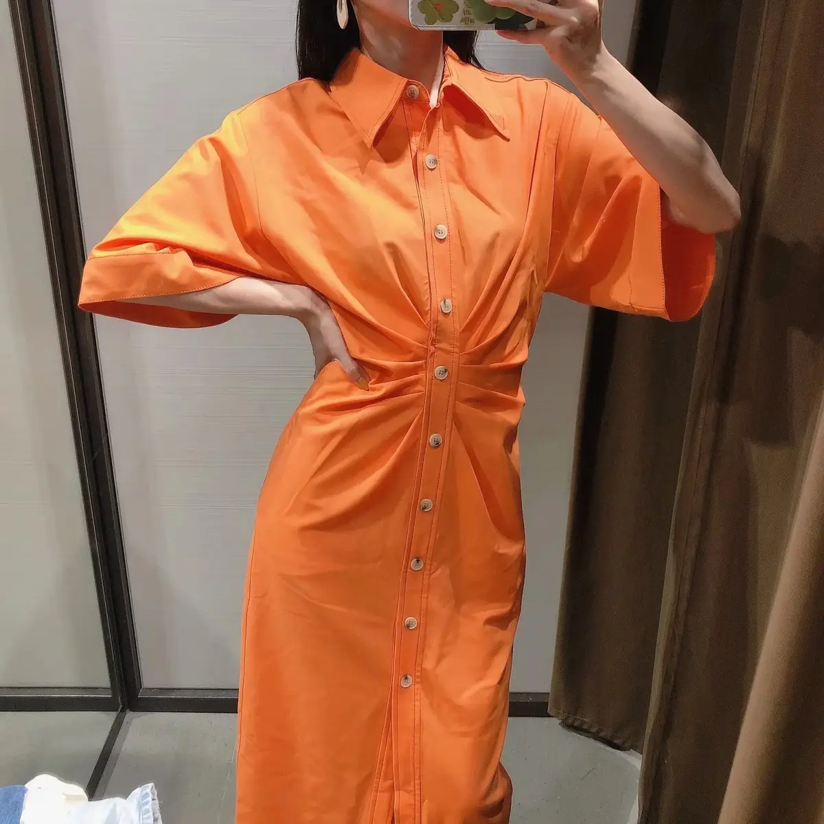 Orange Pleated Short Sleeve Midi Dress_3