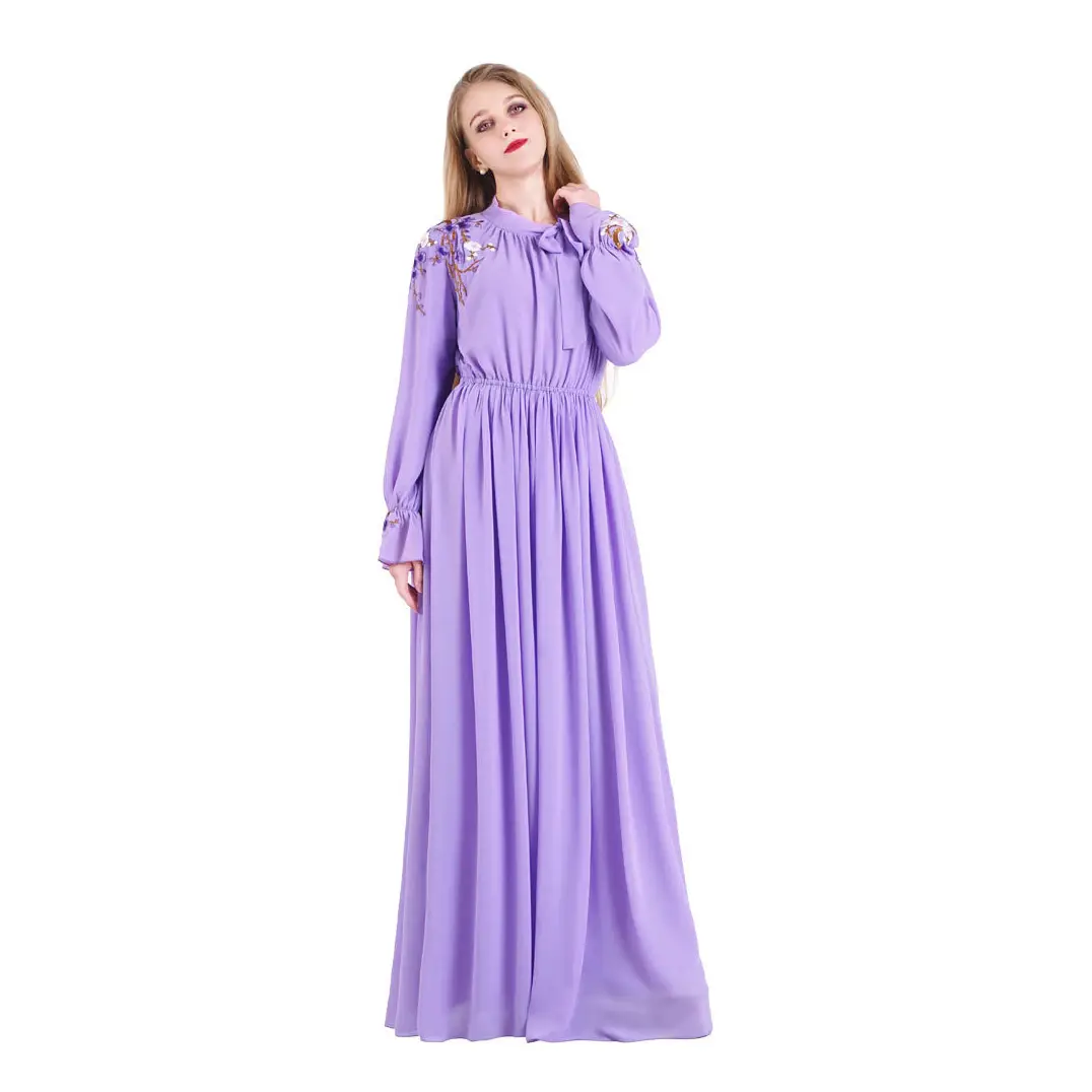Modest Lavender Floral Embroidery Long Sleeve Gown_2