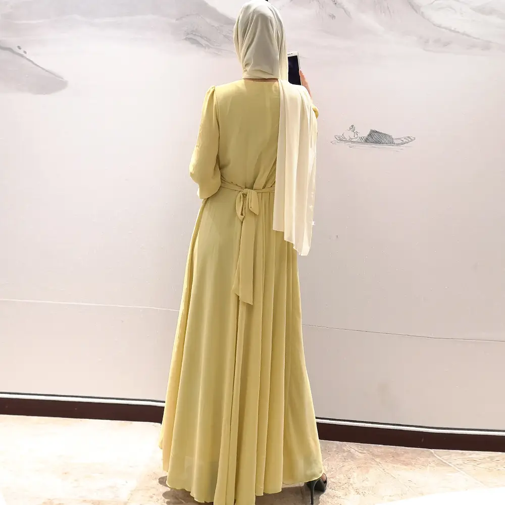 Solid Print Chiffon Long Sleeve Gown_11
