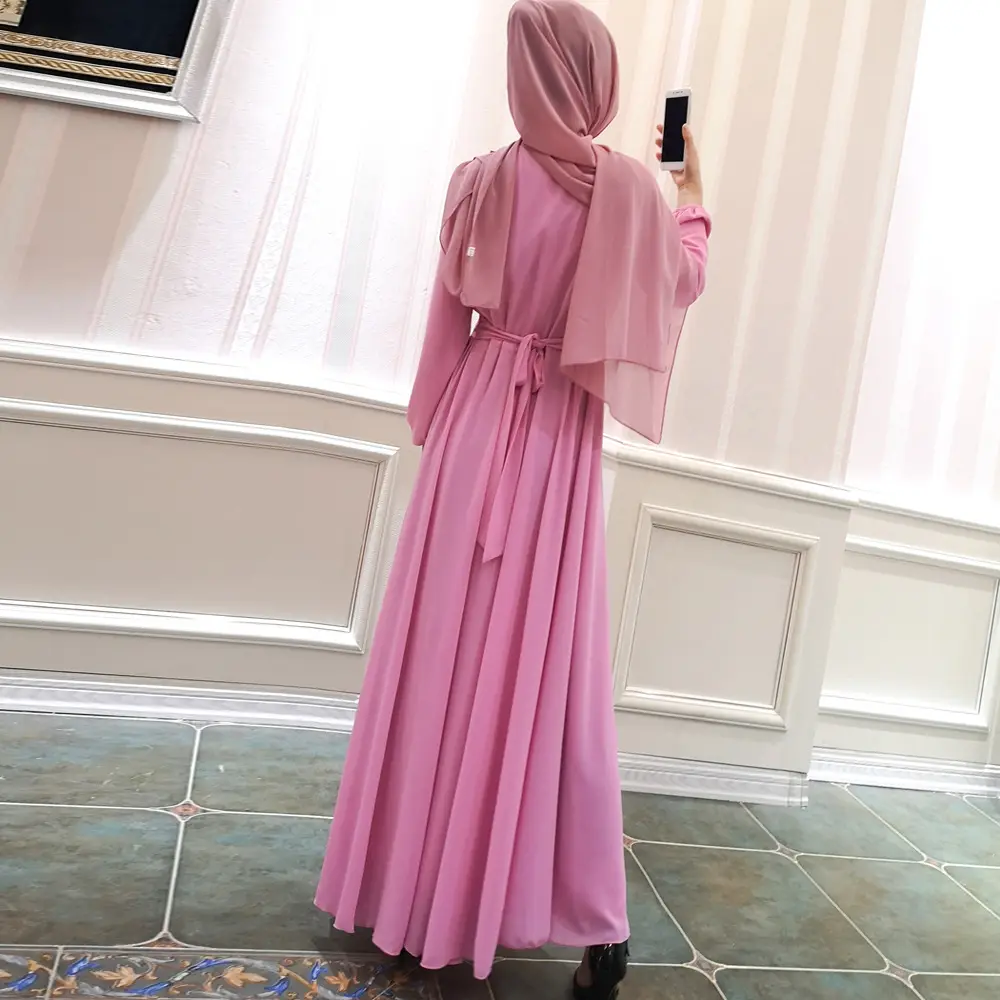 Solid Print Chiffon Long Sleeve Gown_14