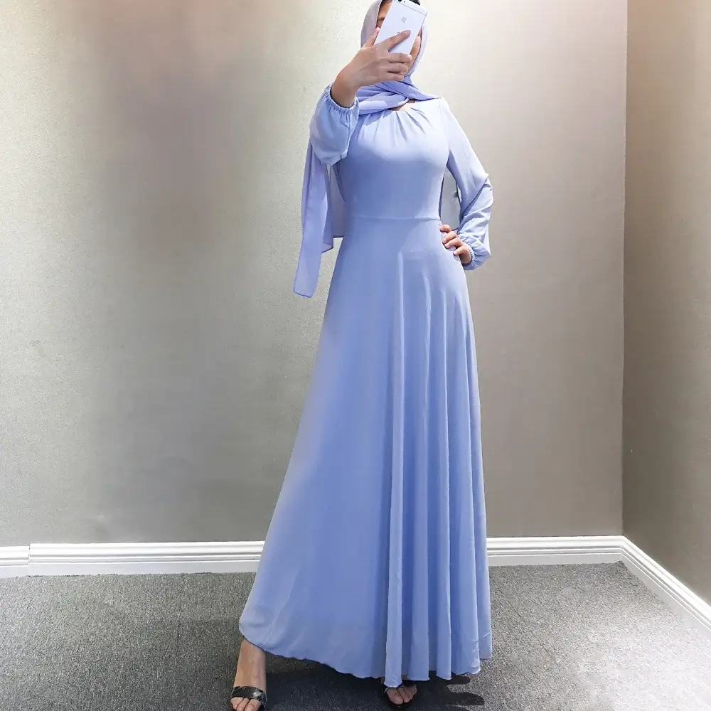 Solid Print Chiffon Long Sleeve Gown_5_Blue