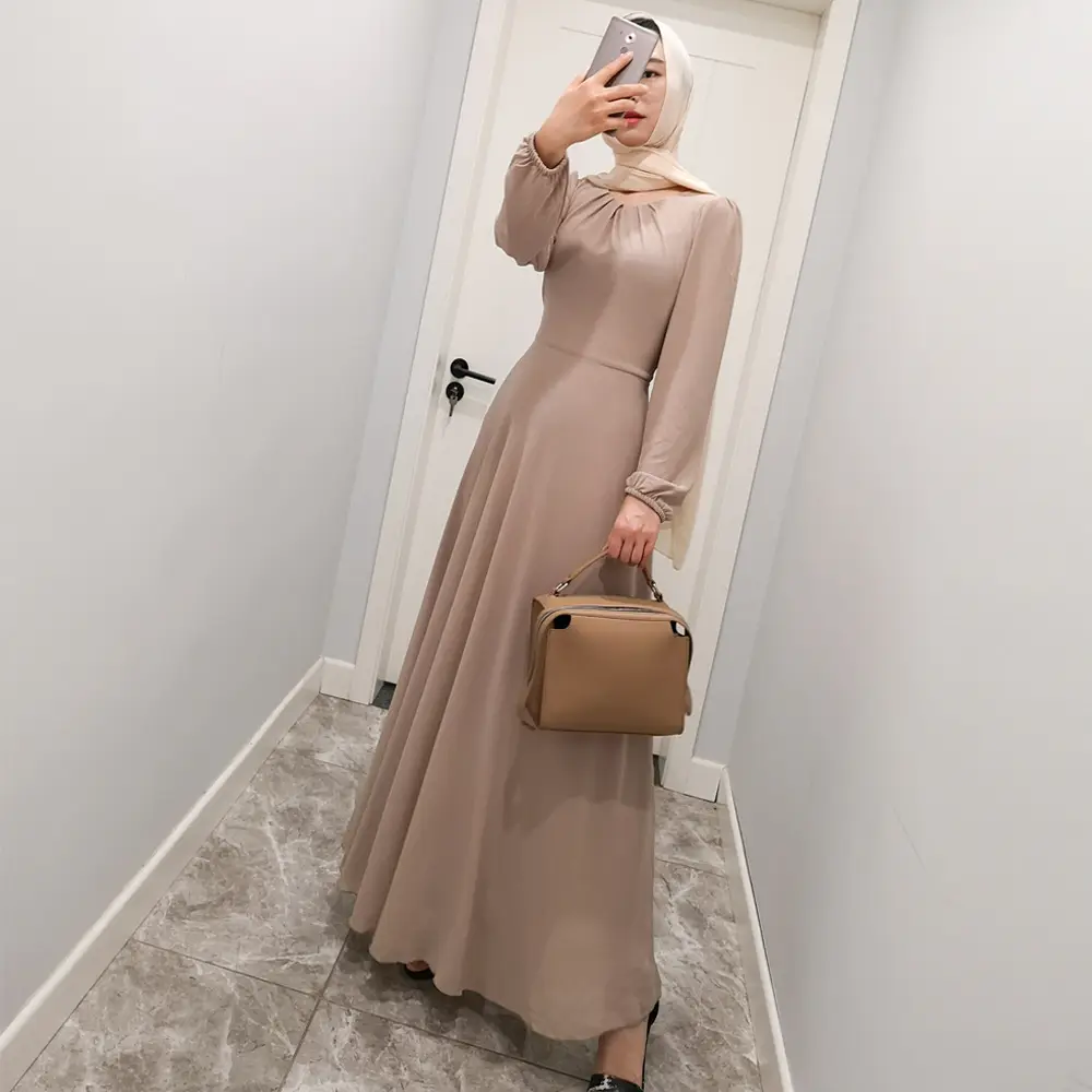 Solid Print Chiffon Long Sleeve Gown_4_Khaki_Featured_MAIN