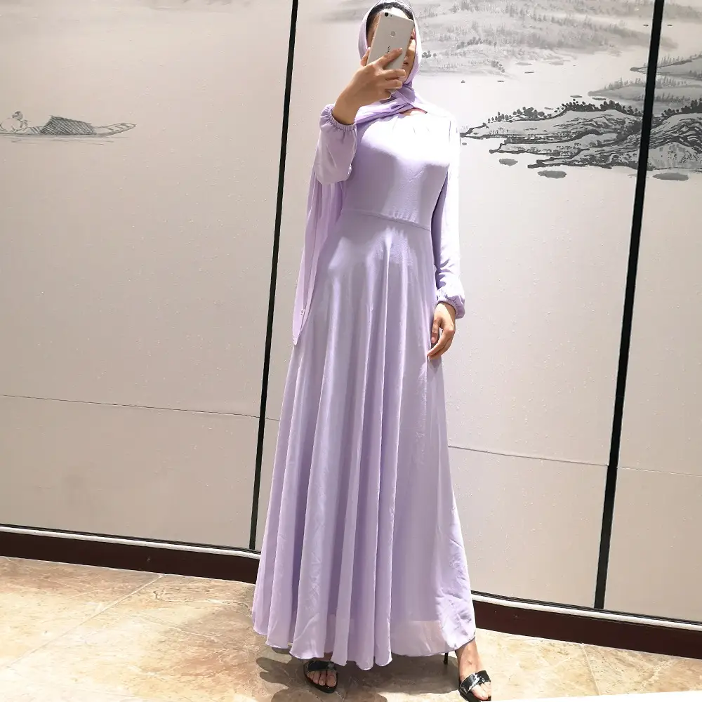 Solid Print Chiffon Long Sleeve Gown_9_Purple