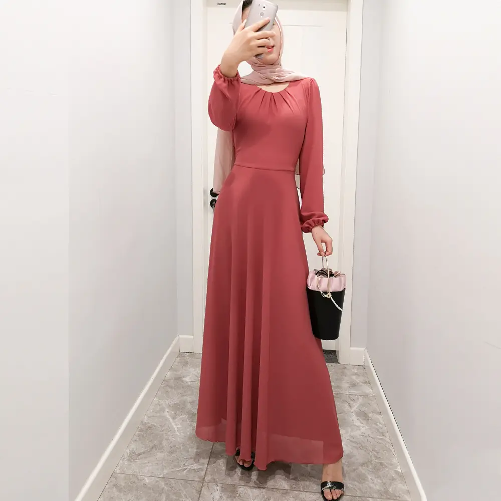 Solid Print Chiffon Long Sleeve Gown_1_Red