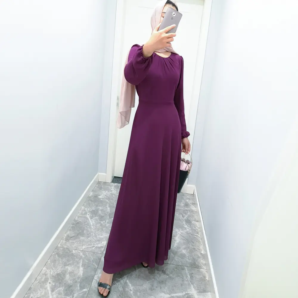 Solid Print Chiffon Long Sleeve Gown_3_Rose Purple