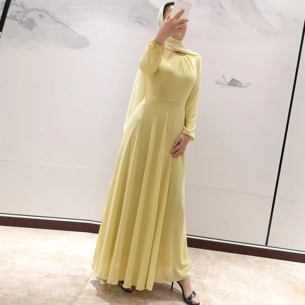 Solid Print Chiffon Long Sleeve Gown_7_Yellow