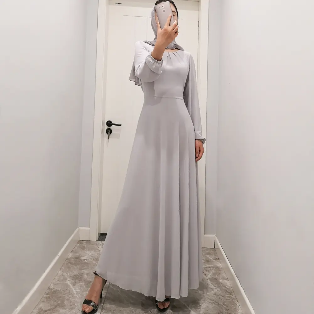 Solid Print Chiffon Long Sleeve Gown_2_Light Grey