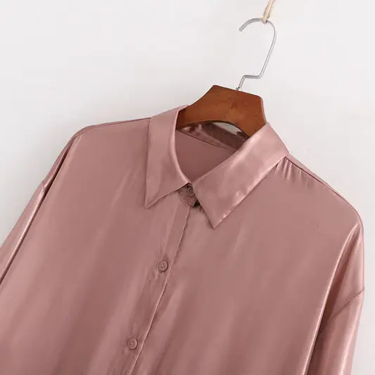 Pink Satin Long Sleeve Midi Shirt Dress_1