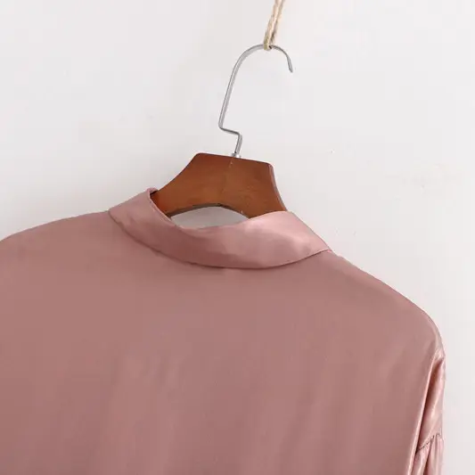 Pink Satin Long Sleeve Midi Shirt Dress_2