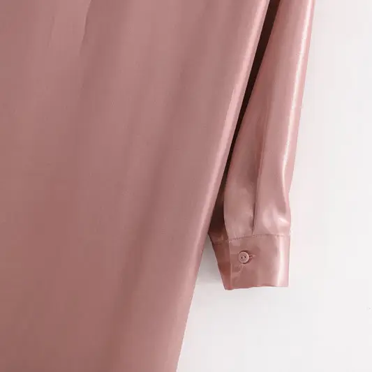 Pink Satin Long Sleeve Midi Shirt Dress_3