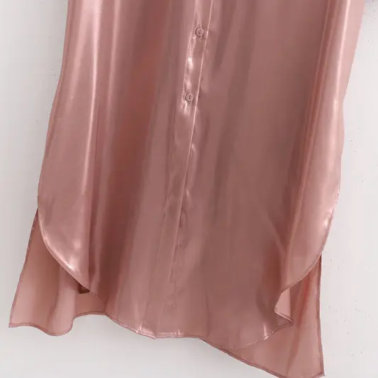 Pink Satin Long Sleeve Midi Shirt Dress_4