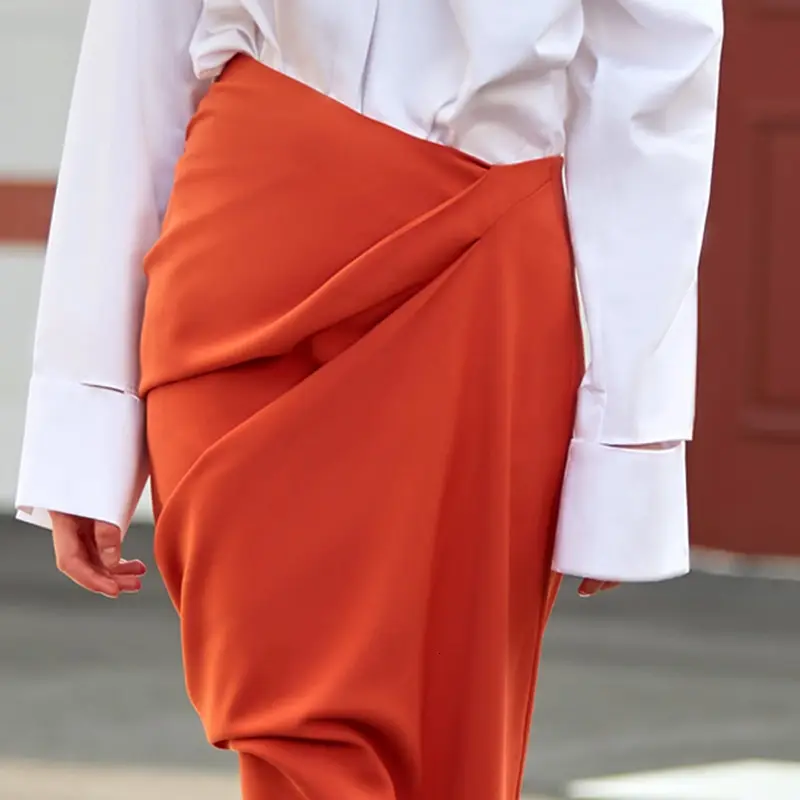 Orange Asymmetrical High Waist Skirt with Slit_5