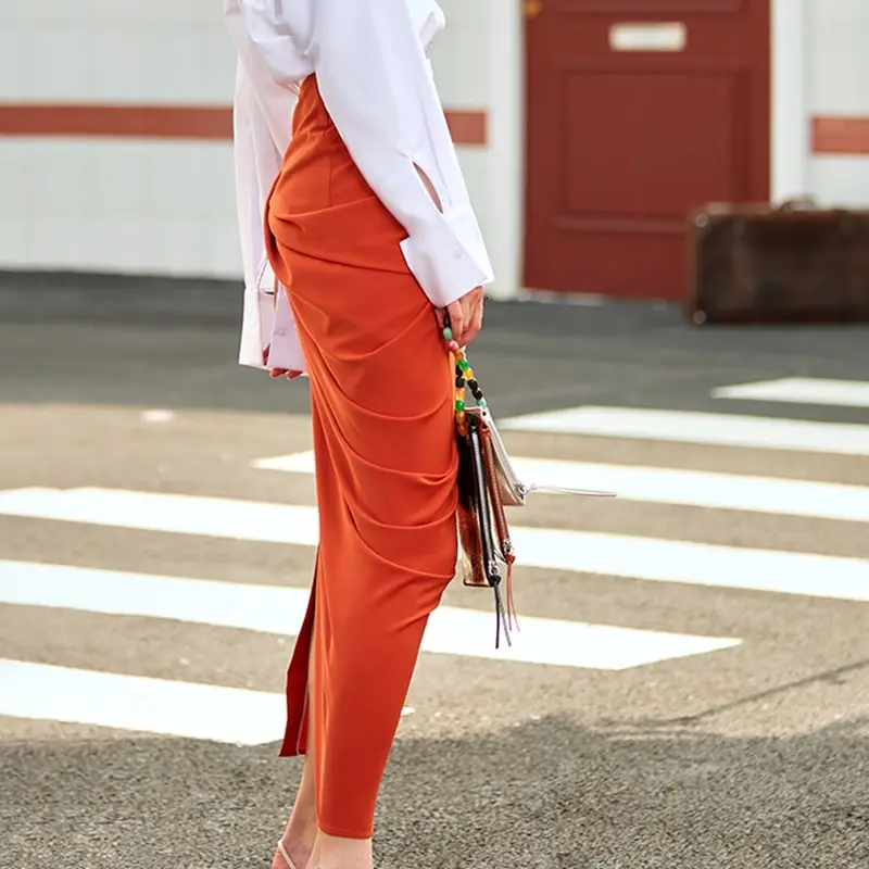 Orange Asymmetrical High Waist Skirt with Slit_11